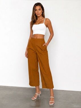 MANGO MNG Straight Wide Leg Crop Pants Boho Style Mustard Brown Casual Cotton S